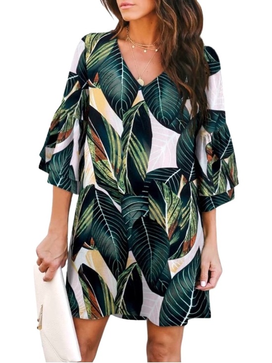 Belongsci Dresses & Skirts - Tropical Palms Bell Sleeve Shift Dress